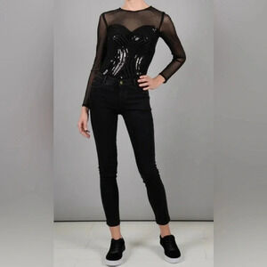 Molly Bracken | Black Mesh Sequined Bodysuit | NWT!